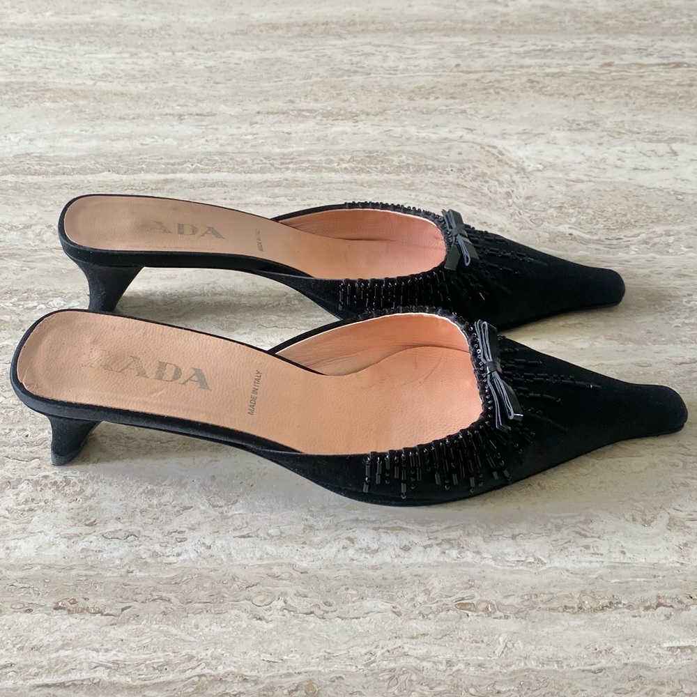 Vintage Prada Satin Beaded Bow Kitten Heel Mules - Picture 4 of 8
